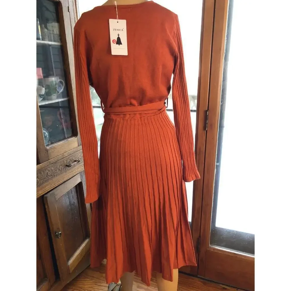 NWT Zesica Rust Pleated Long Sleeve V-Neck Tie Waist cross bodice Dress M